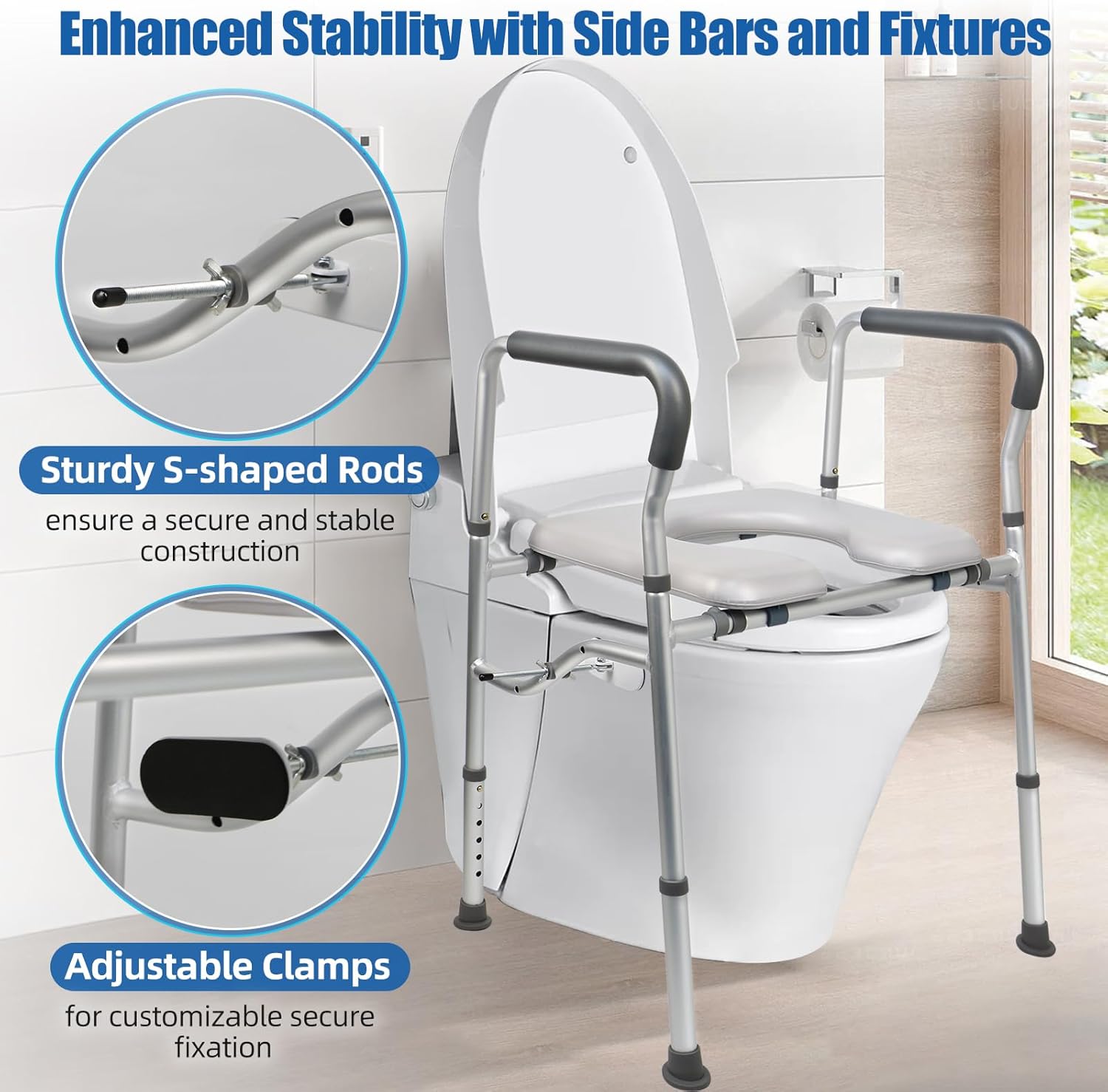 High Toilet Seat for Seniors,   with Side Fixture,  Toilet Chair, Heavy Duty Toilet Chair with Adjustable Clamps, Fit All Toilet, Load-Bearing 440 Pounds