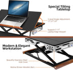 26 Inch Electric Standing Desk Converter with Tilting Tabletop, Height Adjustable Sit to Stand Desk Riser with Keyboard Tray, Small Computer Workstation with Elegant Side Cover and Wooden Bars