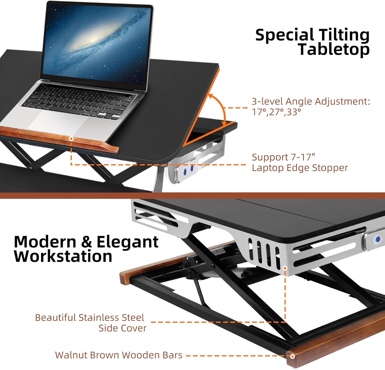 26 Inch Electric Standing Desk Converter with Tilting Tabletop, Height Adjustable Sit to Stand Desk Riser with Keyboard Tray, Small Computer Workstation with Elegant Side Cover and Wooden Bars