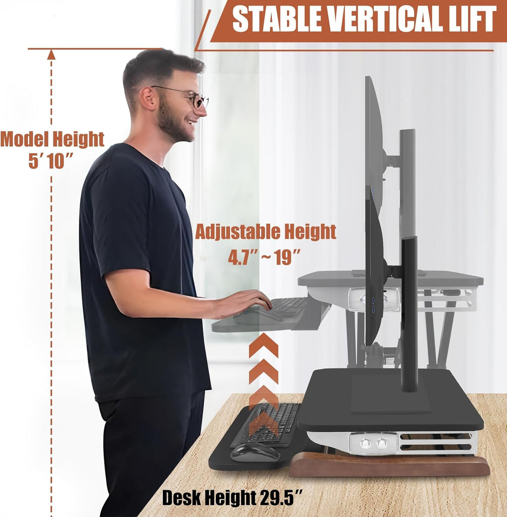 Electric Standing Desk Converter with Keyboard Tray, 26x16 Inch, Height Adjustable Sit to Stand Desk Riser with Unique Side Cover and Wooden Feet, Small Motorized Monitor Riser for Office & Home