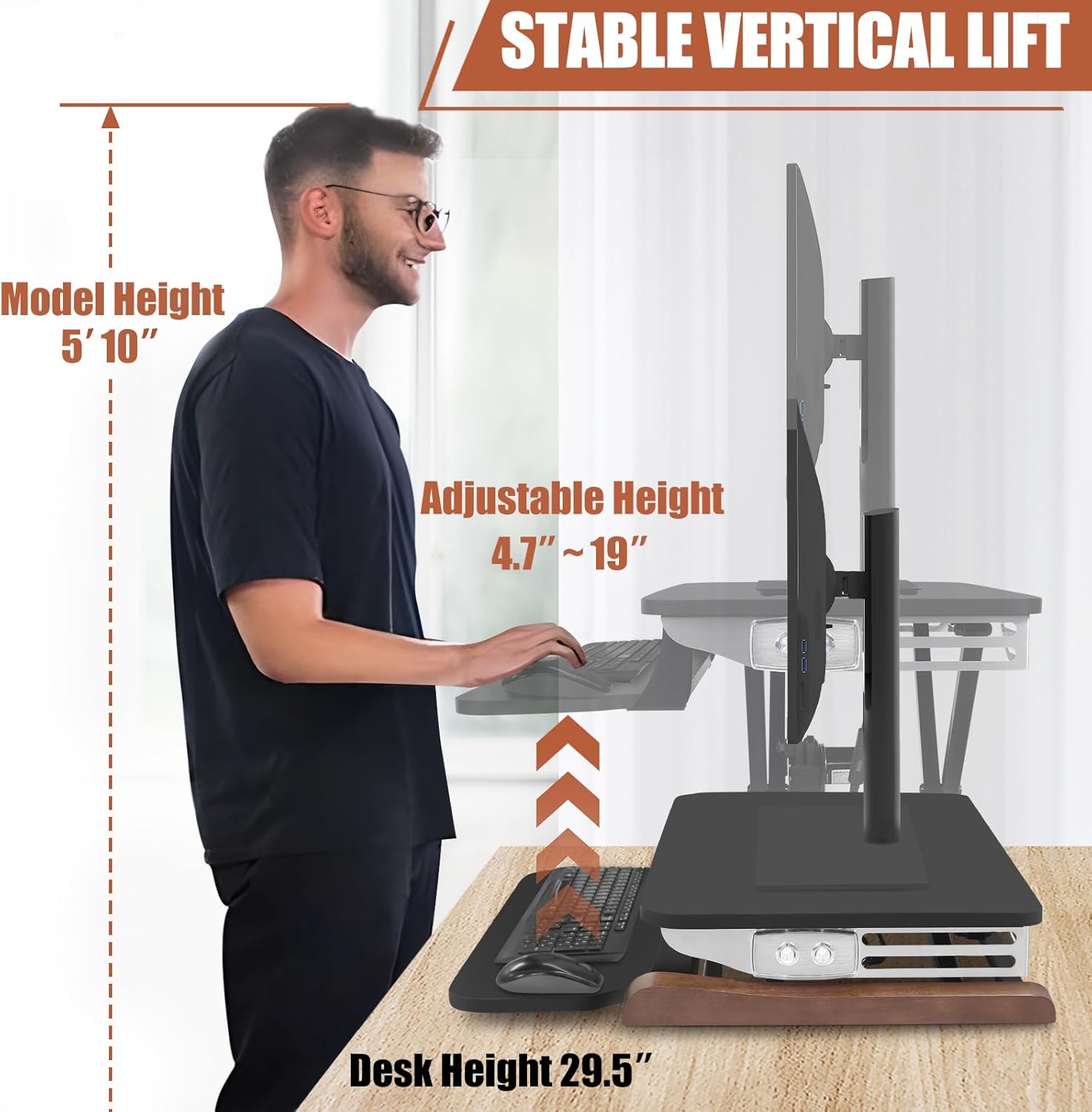 Electric Standing Desk Converter with Keyboard Tray, 26x16 Inch, Height Adjustable Sit to Stand Desk Riser with Unique Side Cover and Wooden Feet, Small Motorized Monitor Riser for Office & Home
