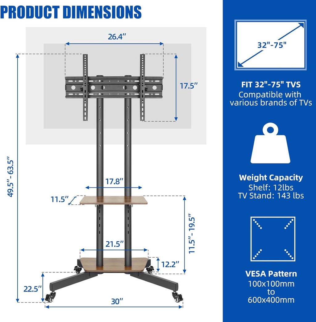 Dual-Pole Rolling Height Adjustable Floor TV Stand with Two Wooden Storage Shelves, Portable TV Cart with Max VESA 600x400mm