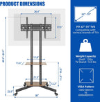 Dual-Pole Rolling Height Adjustable Floor TV Stand with Two Wooden Storage Shelves, Portable TV Cart with Max VESA 600x400mm