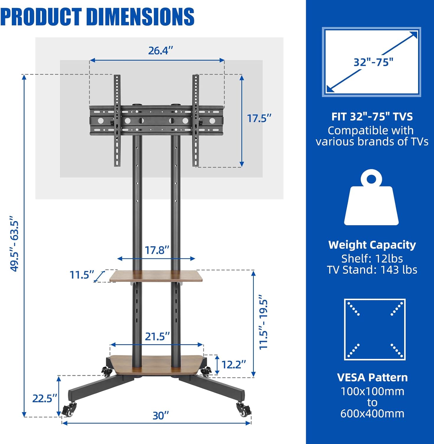 Dual-Pole Rolling Height Adjustable Floor TV Stand with Two Wooden Storage Shelves, Portable TV Cart with Max VESA 600x400mm