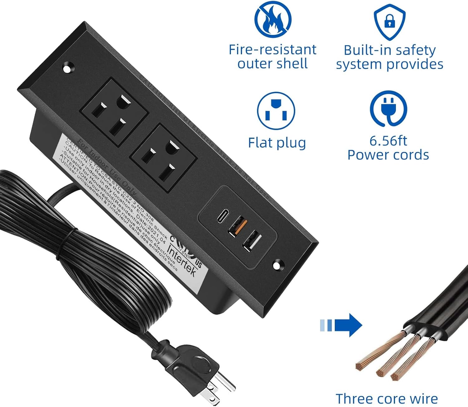 TOOCUST Recessed Power Strip with USB C Port, Desk Outlet with 3 USB Ports, Conference Drawer Outlet with 2 AC Plugs, Hidden Recessed Power Outlet Socket 6.56ft