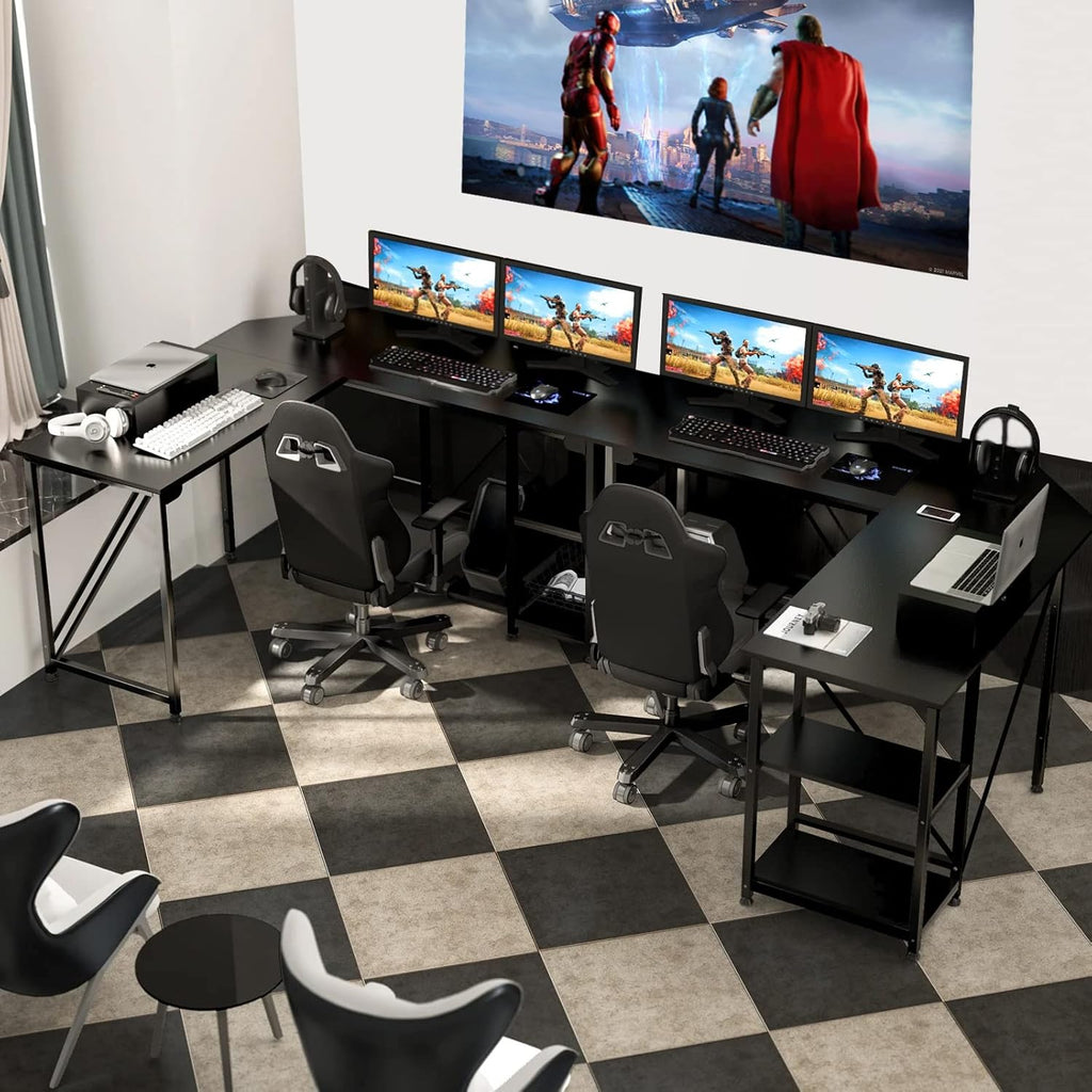 60" L Shaped Computer Desk with Tower Stand on 4 Wheels, Shelves, Rounded Corner, L Desk for Home Office, Black