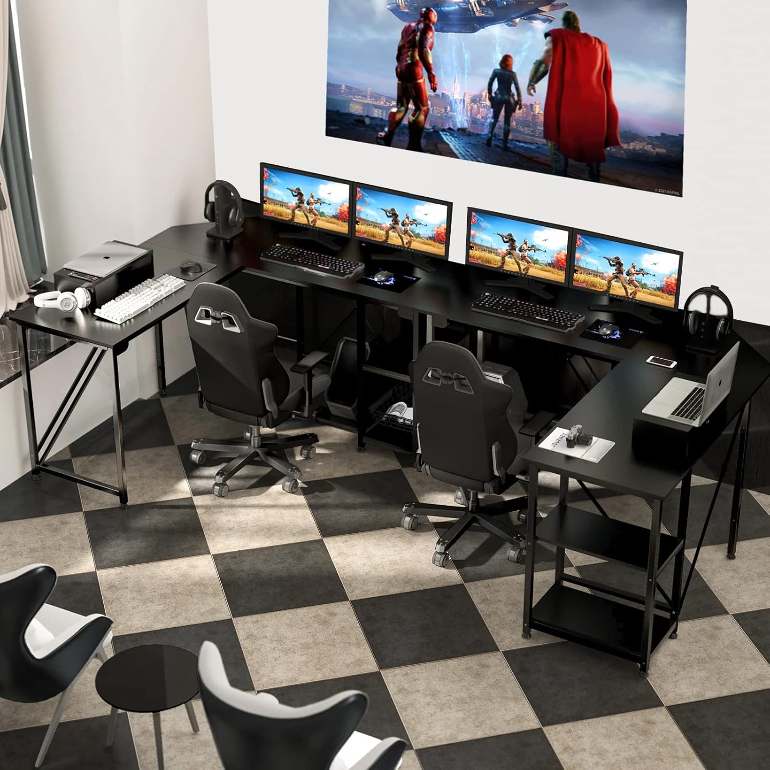 60" L Shaped Computer Desk with Tower Stand on 4 Wheels, Shelves, Rounded Corner, L Desk for Home Office, Black
