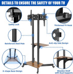 Dual-Pole Rolling Height Adjustable Floor TV Stand with Two Wooden Storage Shelves, Portable TV Cart with Max VESA 600x400mm