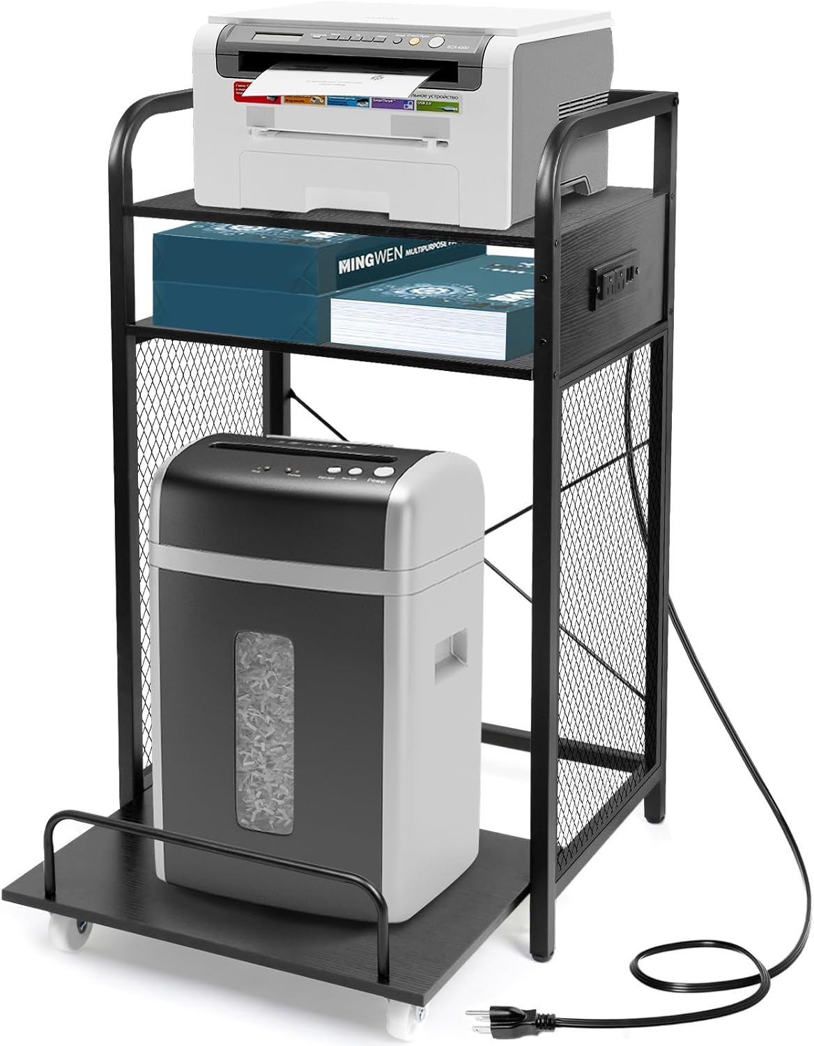 3-Tier Printer Stand with Pull out Shelf for Shredder,20" L x 14" W x 34" H Floor-Standing Desk Side Shredder Stand,Printer Stand with Storage and Power Outlet,Office Storage Shelf Rack for Fax