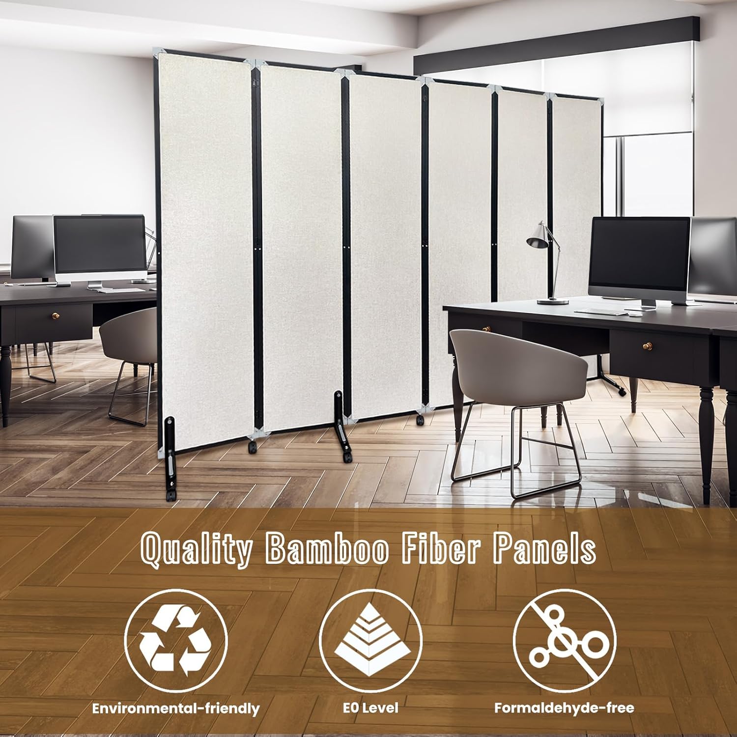 Room Divider with Wheels Solid Bamboo Panels 6 Feet Tall Extra Wide, Noise Reducing & Durable Office Partition, 6 Panel Large Room Screen Divider Freestanding for Home Office School, 96" W x 73" H