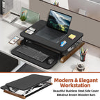 Electric Standing Desk Converter with Keyboard Tray, 26x16 Inch, Height Adjustable Sit to Stand Desk Riser with Unique Side Cover and Wooden Feet, Small Motorized Monitor Riser for Office & Home
