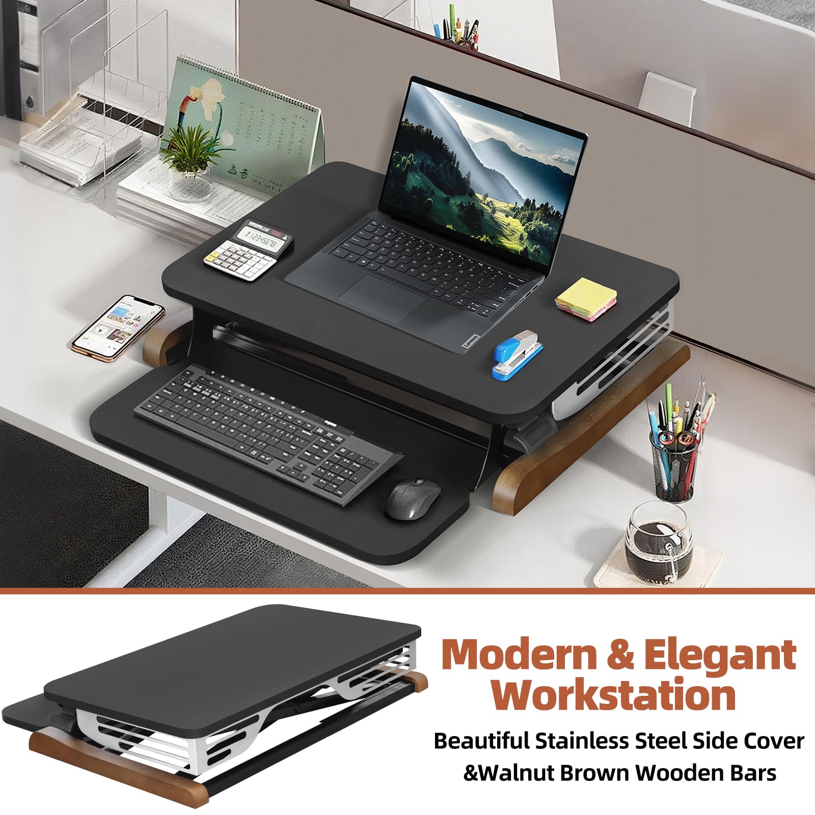 Electric Standing Desk Converter with Keyboard Tray, 26x16 Inch, Height Adjustable Sit to Stand Desk Riser with Unique Side Cover and Wooden Feet, Small Motorized Monitor Riser for Office & Home
