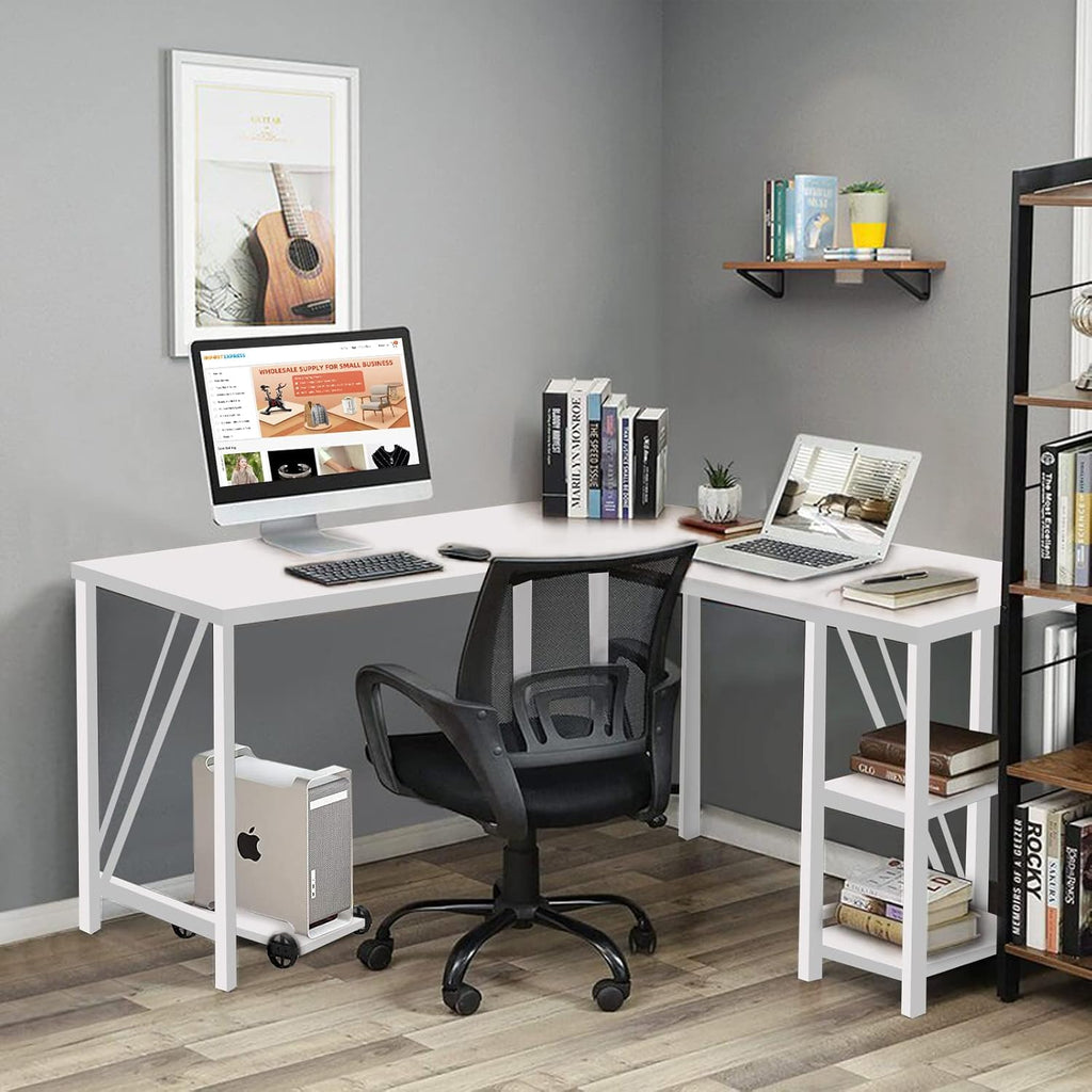 60" L Shaped Computer Desk with Shelves, Coputer Tower Stand, Rounded Corner - Reversible Office Desk with Storage Rack, Large Home Office Desk, L Desk for Home Office, White