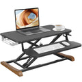 Electric Standing Desk Converter with Keyboard Tray, 26x16 Inch, Height Adjustable Sit to Stand Desk Riser with Unique Side Cover and Wooden Feet, Small Motorized Monitor Riser for Office & Home
