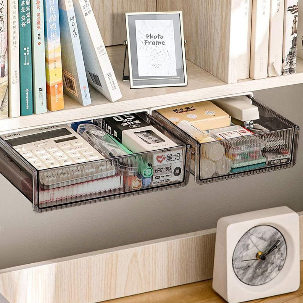 2Pcs Under Desk Storage Drawers Slide Out,Large&Medium, Stick On Desk Drawer Under Desk,Under Desk Organizer Hidden Under Table Drawer for Home Office School Organization and Storage-Transparent Black