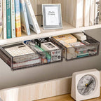 2Pcs Under Desk Storage Drawers Slide Out,Large&Medium, Stick On Desk Drawer Under Desk,Under Desk Organizer Hidden Under Table Drawer for Home Office School Organization and Storage-Transparent Black