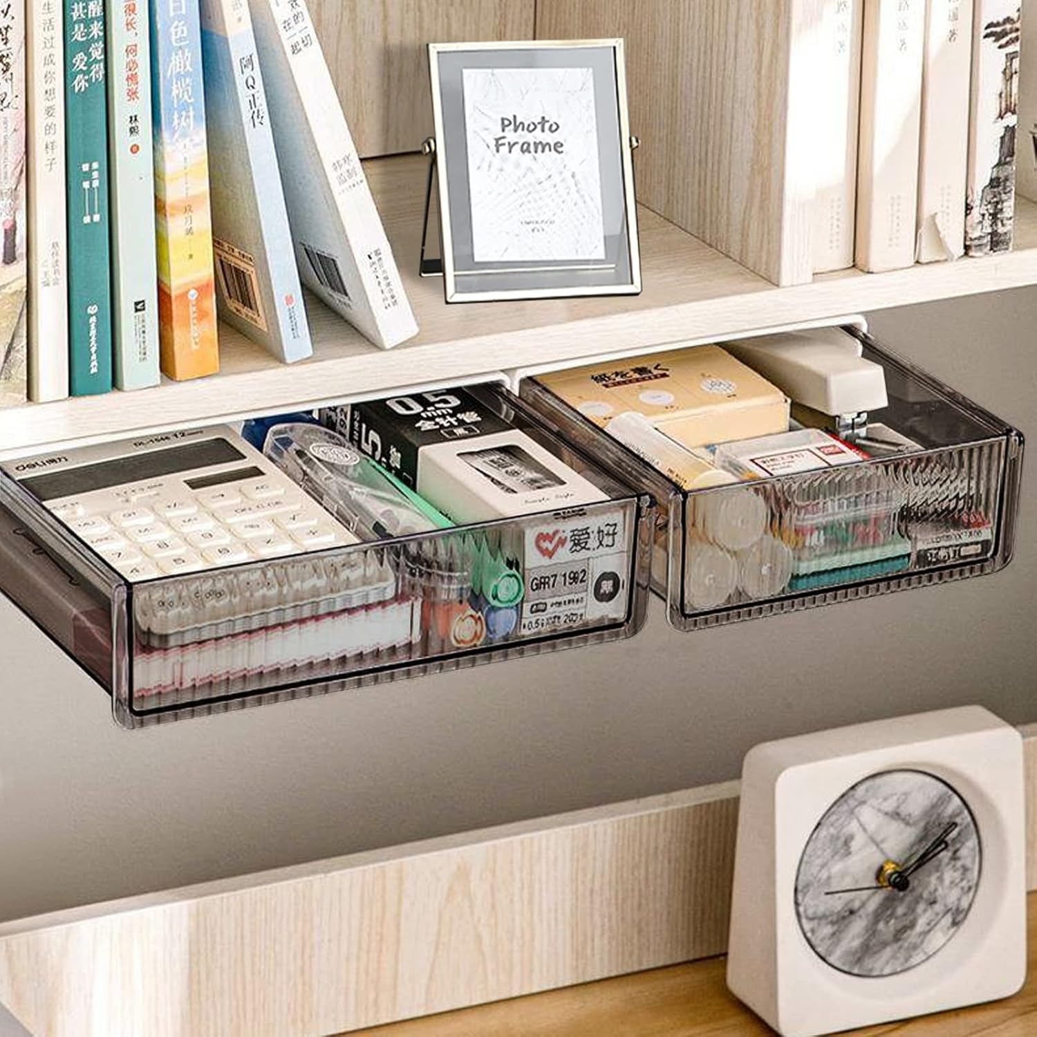 2Pcs Under Desk Storage Drawers Slide Out,Large&Medium, Stick On Desk Drawer Under Desk,Under Desk Organizer Hidden Under Table Drawer for Home Office School Organization and Storage-Transparent Black