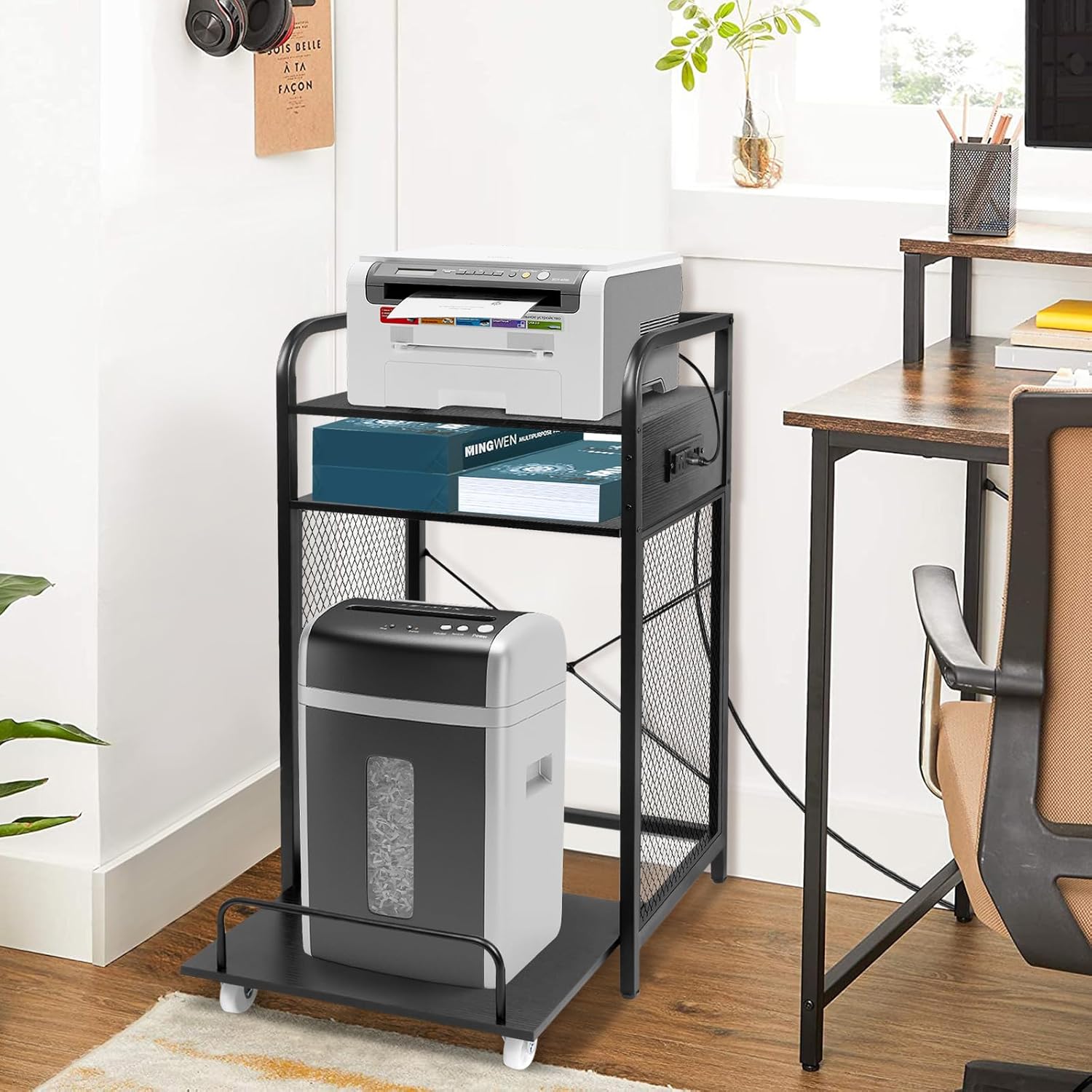 3-Tier Printer Stand with Pull out Shelf for Shredder,20" L x 14" W x 34" H Floor-Standing Desk Side Shredder Stand,Printer Stand with Storage and Power Outlet,Office Storage Shelf Rack for Fax