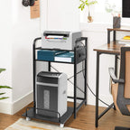 3-Tier Printer and Shredder Stand with Pull Out Shelf, 20" L x 14" W x 34" H Floor-Standing Printer Shredder Stand with Power Outlet, Printer Stand with Shredder Storage, Office Storage Rack