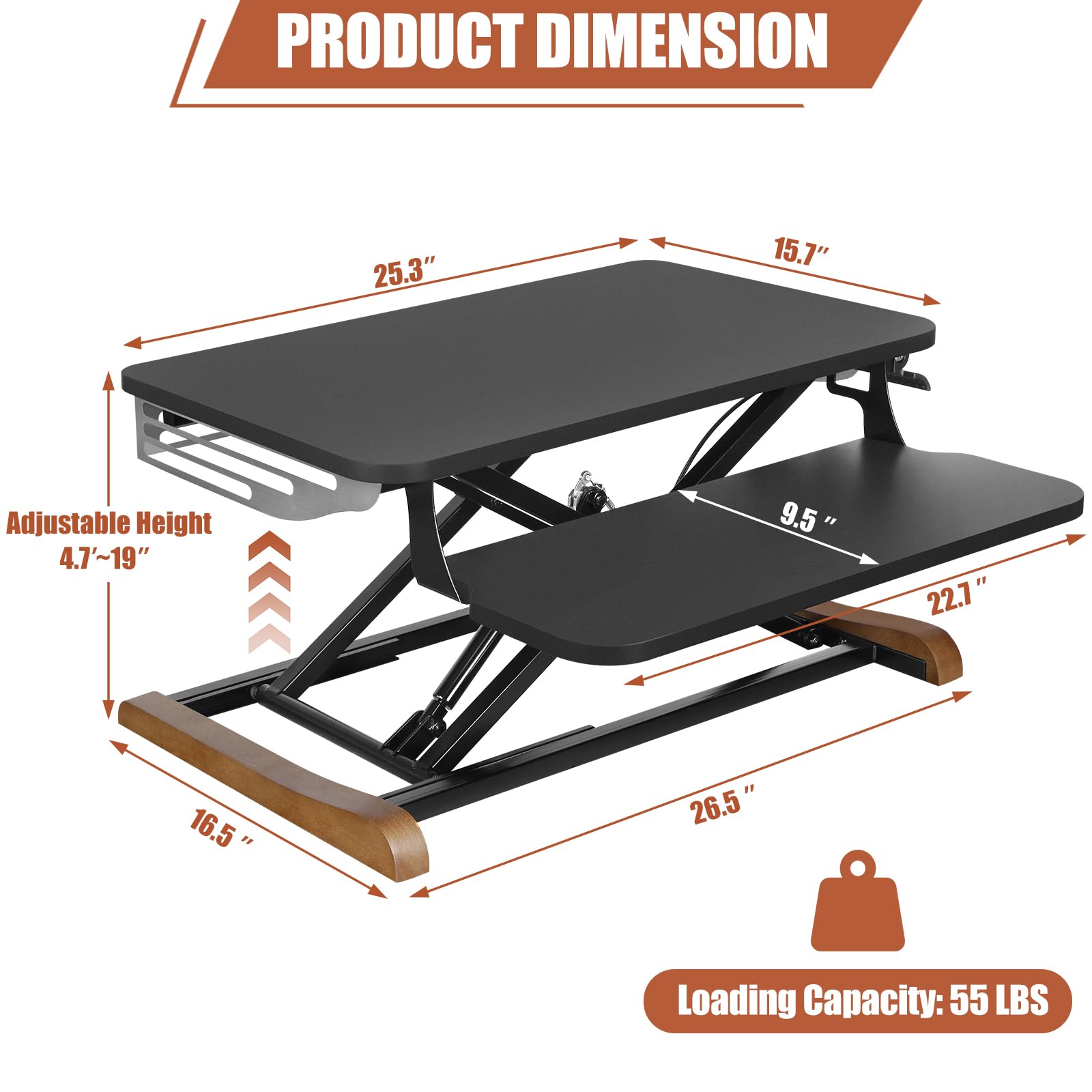 Electric Standing Desk Converter with Keyboard Tray, 26x16 Inch, Height Adjustable Sit to Stand Desk Riser with Unique Side Cover and Wooden Feet, Small Motorized Monitor Riser for Office & Home