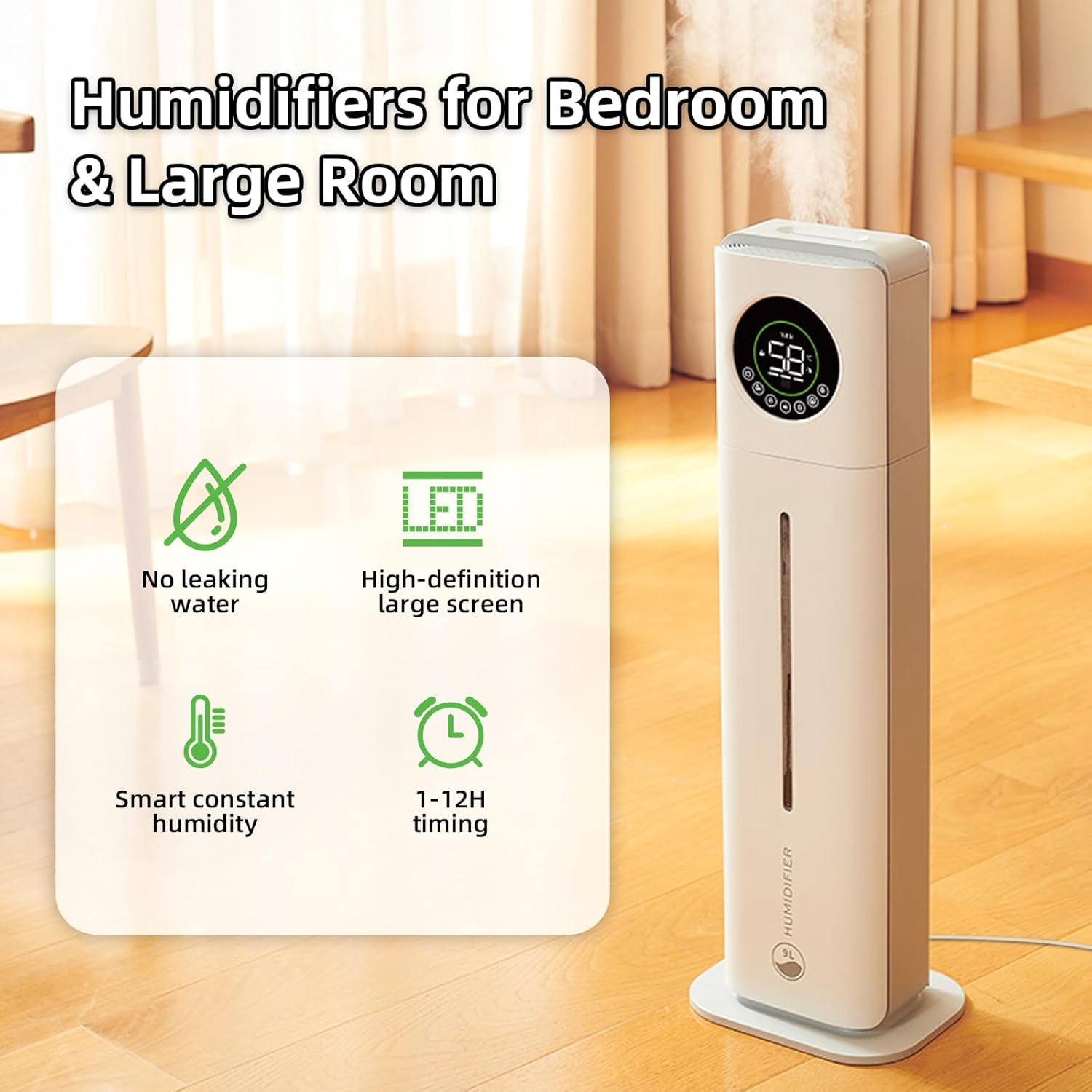 9l/2.4Gal Air Humidifier for Home, Floor Standing Humidifier for Large Room, Top Fill Humidifier with Built-in Filtration, Automatic Shut-Off, Touch & Remote Control, Essential Oil Box