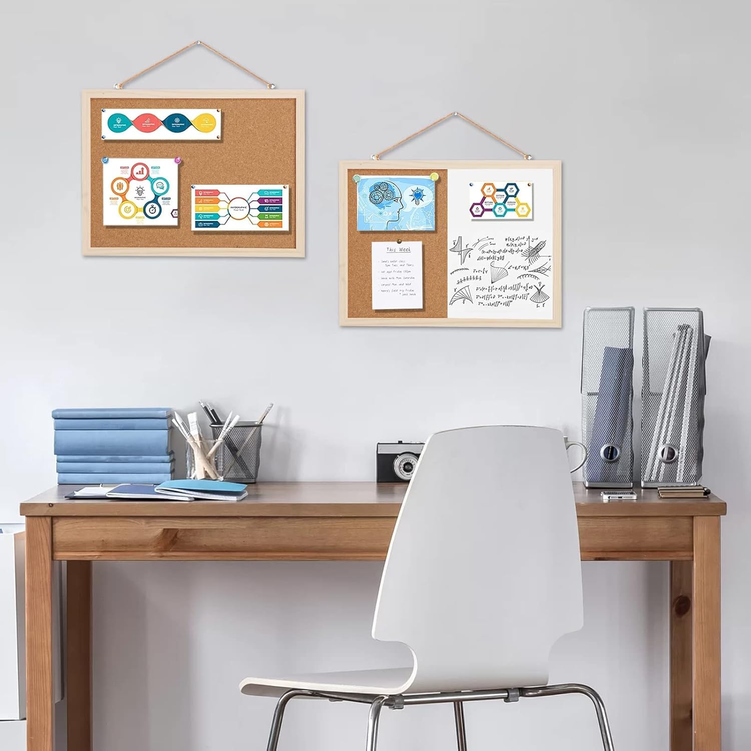 2 Pack Bulletin Board 16”x12” (1 Cork Board + 1 Cork Whiteboard Combo), Hanging Cork Board for Walls with Wood Frame, Notice Board Vision Board for Display Schedules Photos & Memos