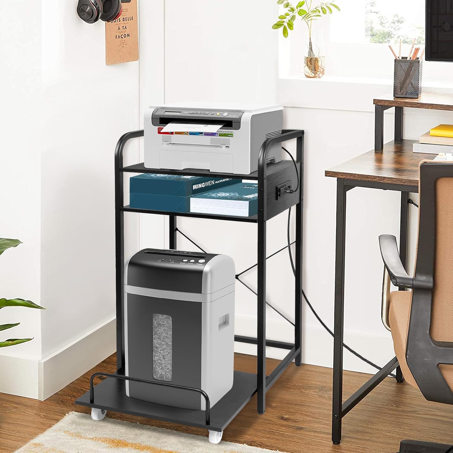 3-Tier Printer Stand with Pull out Shelf for Shredder,20" L x 14" W x 34" H Floor-Standing Desk Side Shredder Stand,Printer Stand with Storage and Power Outlet,Office Storage Shelf Rack for Fax
