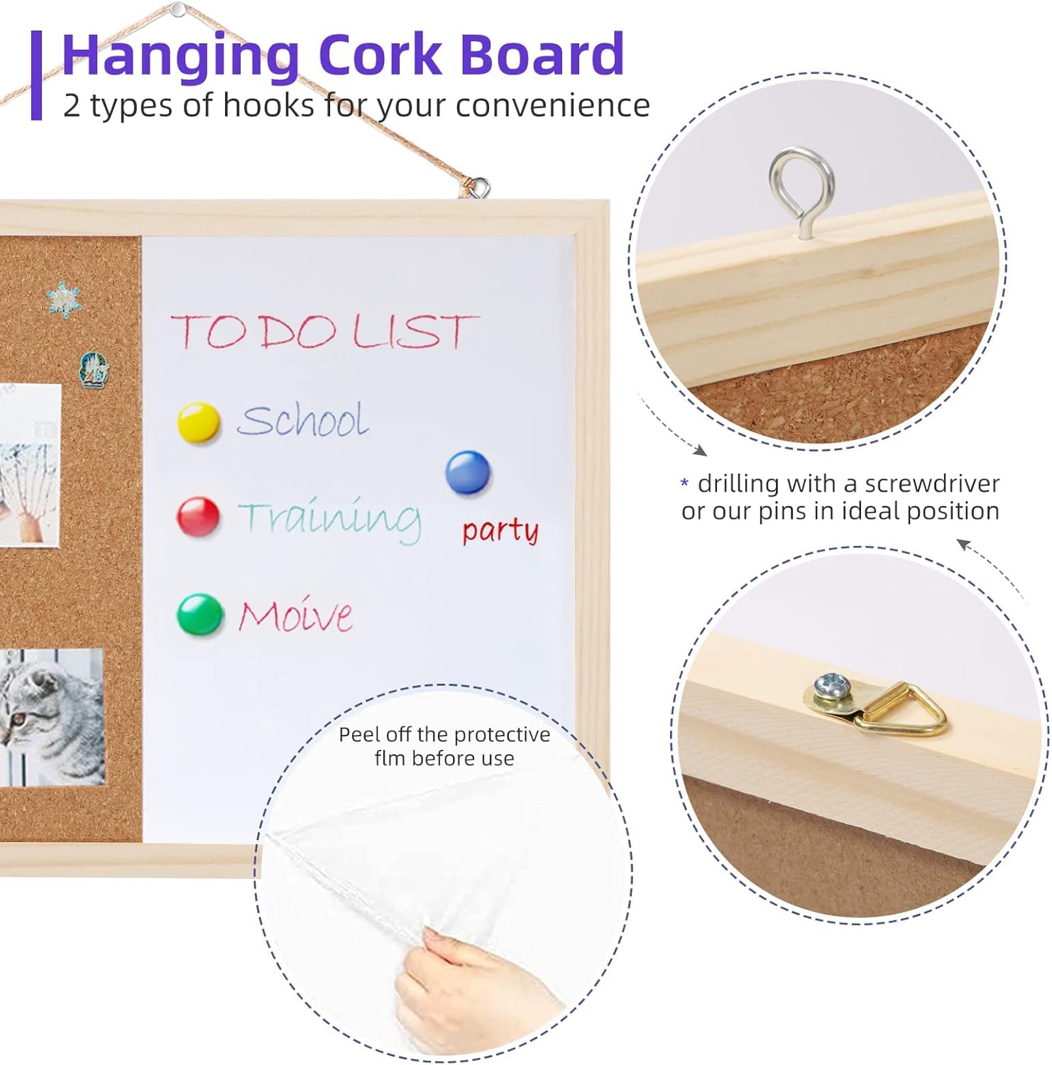 2 Pack Bulletin Board 16”x12” (1 Cork Board + 1 Cork Whiteboard Combo), Hanging Cork Board for Walls with Wood Frame, Notice Board Vision Board for Display Schedules Photos & Memos