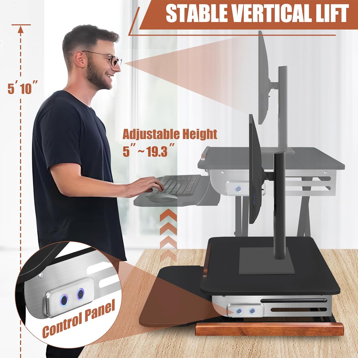 26 Inch Electric Standing Desk Converter with Tilting Tabletop, Height Adjustable Sit to Stand Desk Riser with Keyboard Tray, Small Computer Workstation with Elegant Side Cover and Wooden Bars