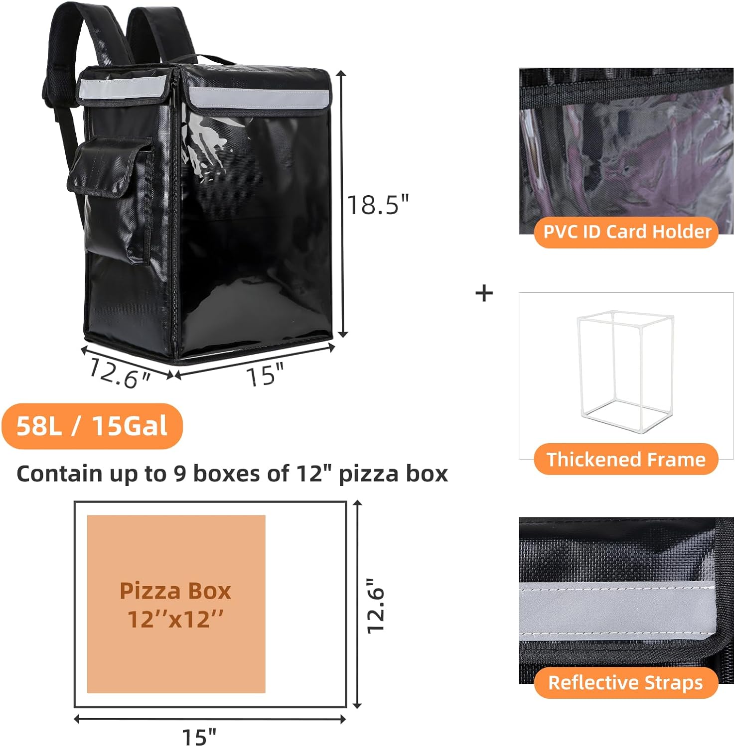 Insulated Food Delivery Backpack with Reinforced Frame and 2 Inner Spaces - 18.5" x 15" x 12.6", Open from Top and Side - Adjustable Divider, Waterproof Food Delivery Bags for Doordash, Restaurant