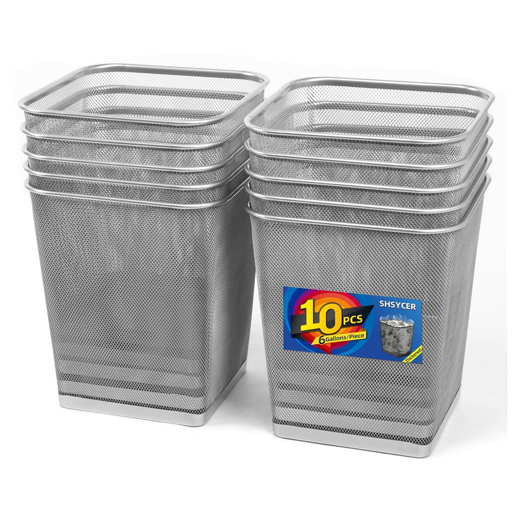 10-Pack Silver Square Metal Trash Cans, 6 Gallon Capacity, Mesh Design, Non-Slip Base, Smooth Edges, Suitable for Office, Home, School