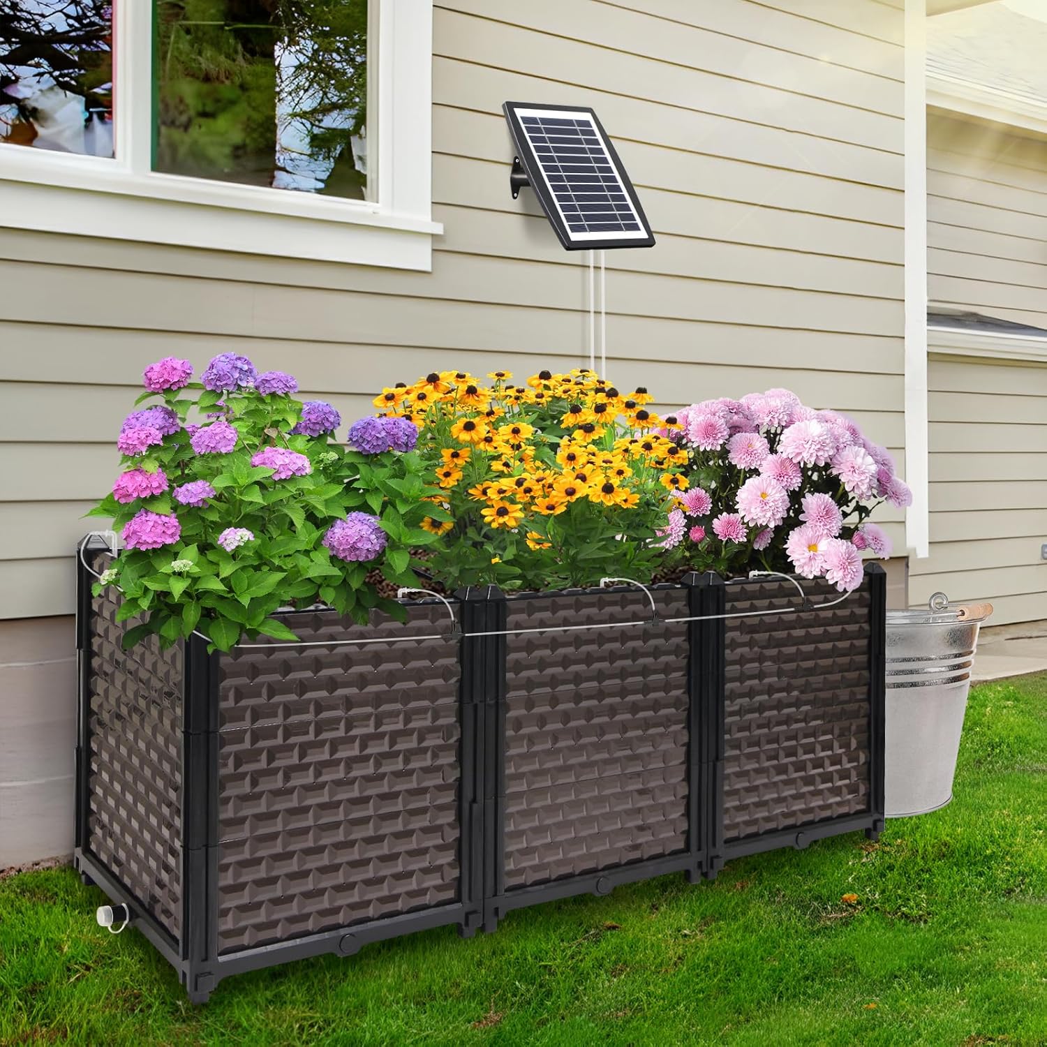 Large Planters for Outdoor Plants with Automatic Drip Irrigation Kits, Deepened 20" H Raised Beds for Gardening Self Watering with Solar Irrigation System for Garden 5 Timer Modes, 47.2"L x 15.7"W