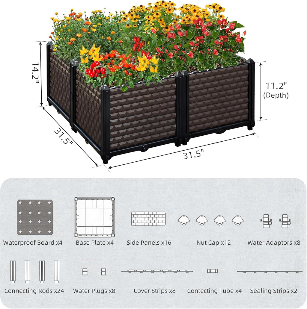 Square Raised Beds for Gardening 31.5" x 31.5" x 14.2", Self Watering Outdoor Planters, Large Raised Planter Boxes, Rectangular Garden Planters for Outdoor Plants Flowers, Vegetables, Patio Deck Porch