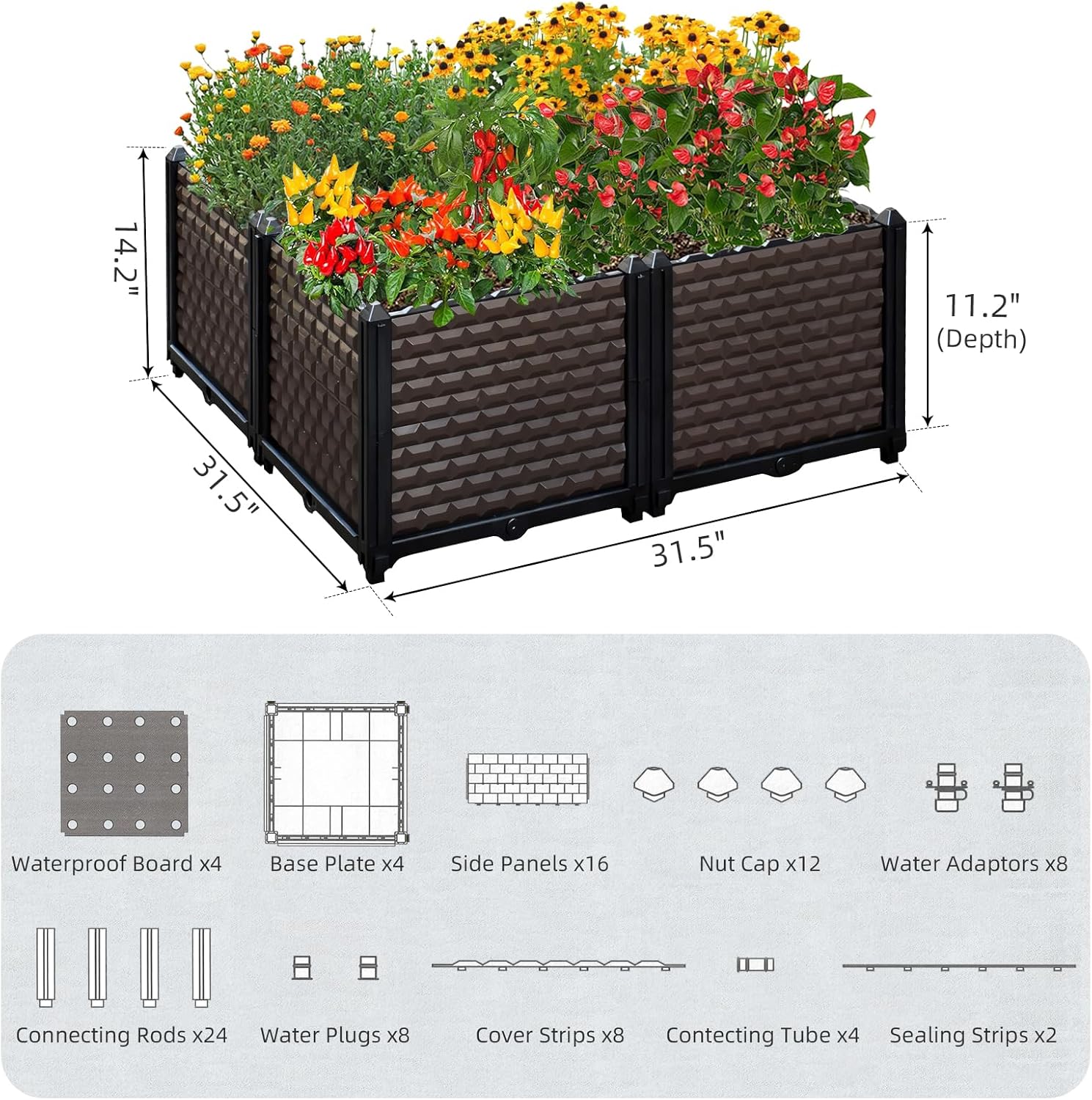 Square Raised Beds for Gardening 31.5" x 31.5" x 14.2", Self Watering Outdoor Planters, Large Raised Planter Boxes, Rectangular Garden Planters for Outdoor Plants Flowers, Vegetables, Patio Deck Porch