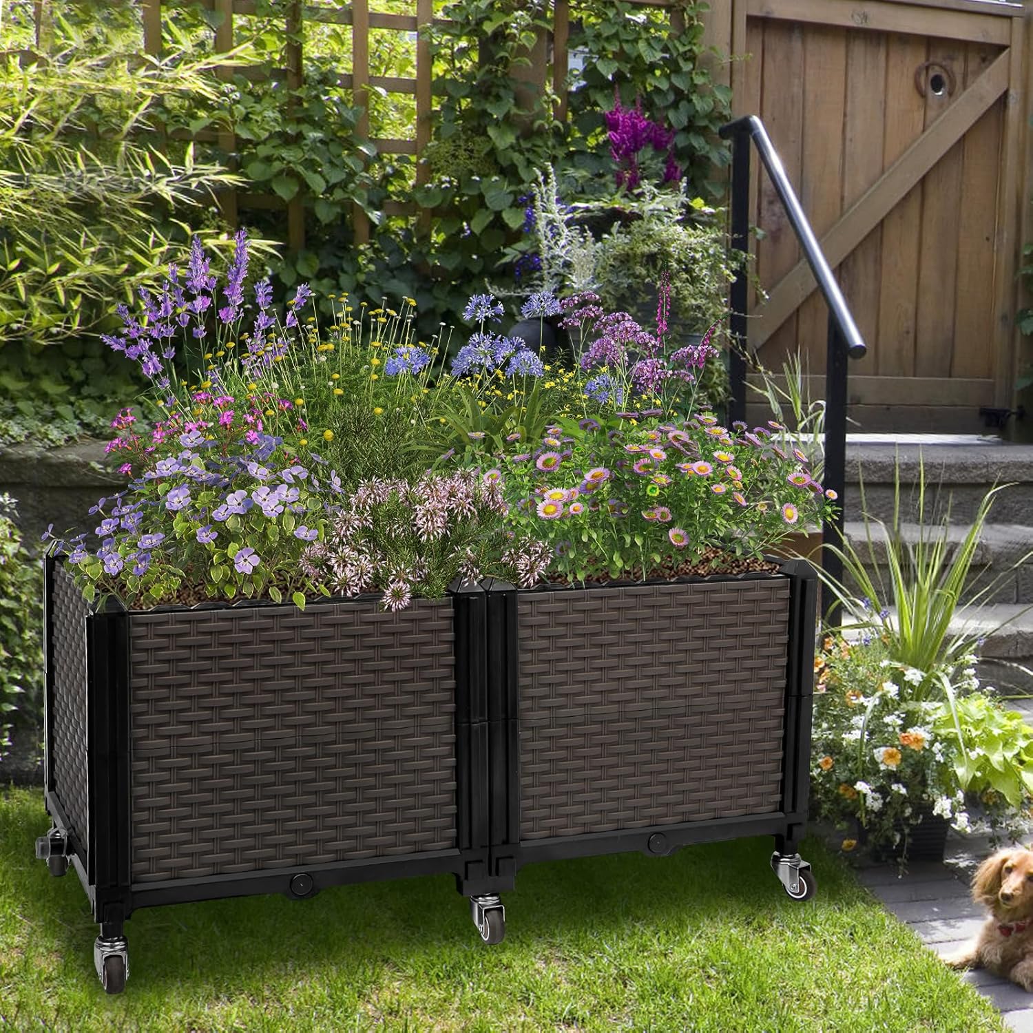 Raised Plant Box with Wheels 31.5"x15.7"x16.1", Raised Beds for Gardening Self Watering, Durable Metal Lockable Casters, Rectangular Garden Planter Perfect for Garden Patio Balcony Deck