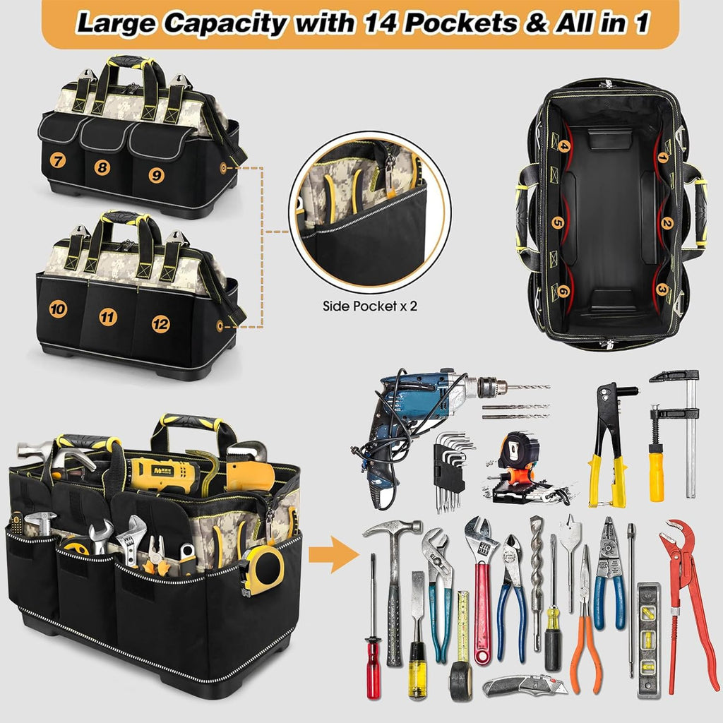 Hard Bottom Tool Bag, Electrician Tool Bag, 15 inch Tool Bag Organizer, 1680D Open Top Tool Bag,Tool Bags for Men Heavy Duty, Electrical Mechanic Reflective Waterproof Wide Mouth Tool Bag