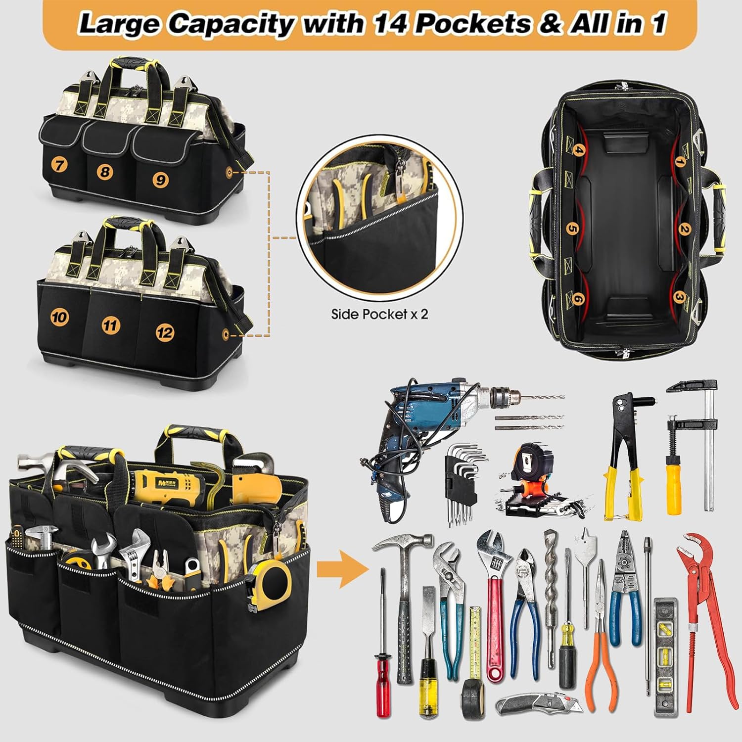 Hard Bottom Tool Bag, Electrician Tool Bag, 15 inch Tool Bag Organizer, 1680D Open Top Tool Bag,Tool Bags for Men Heavy Duty, Electrical Mechanic Reflective Waterproof Wide Mouth Tool Bag
