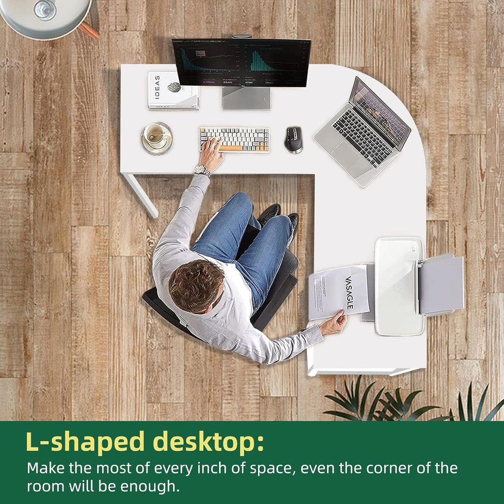 60" L Shaped Computer Desk with Shelves, Coputer Tower Stand, Rounded Corner - Reversible Office Desk with Storage Rack, Large Home Office Desk, L Desk for Home Office, White