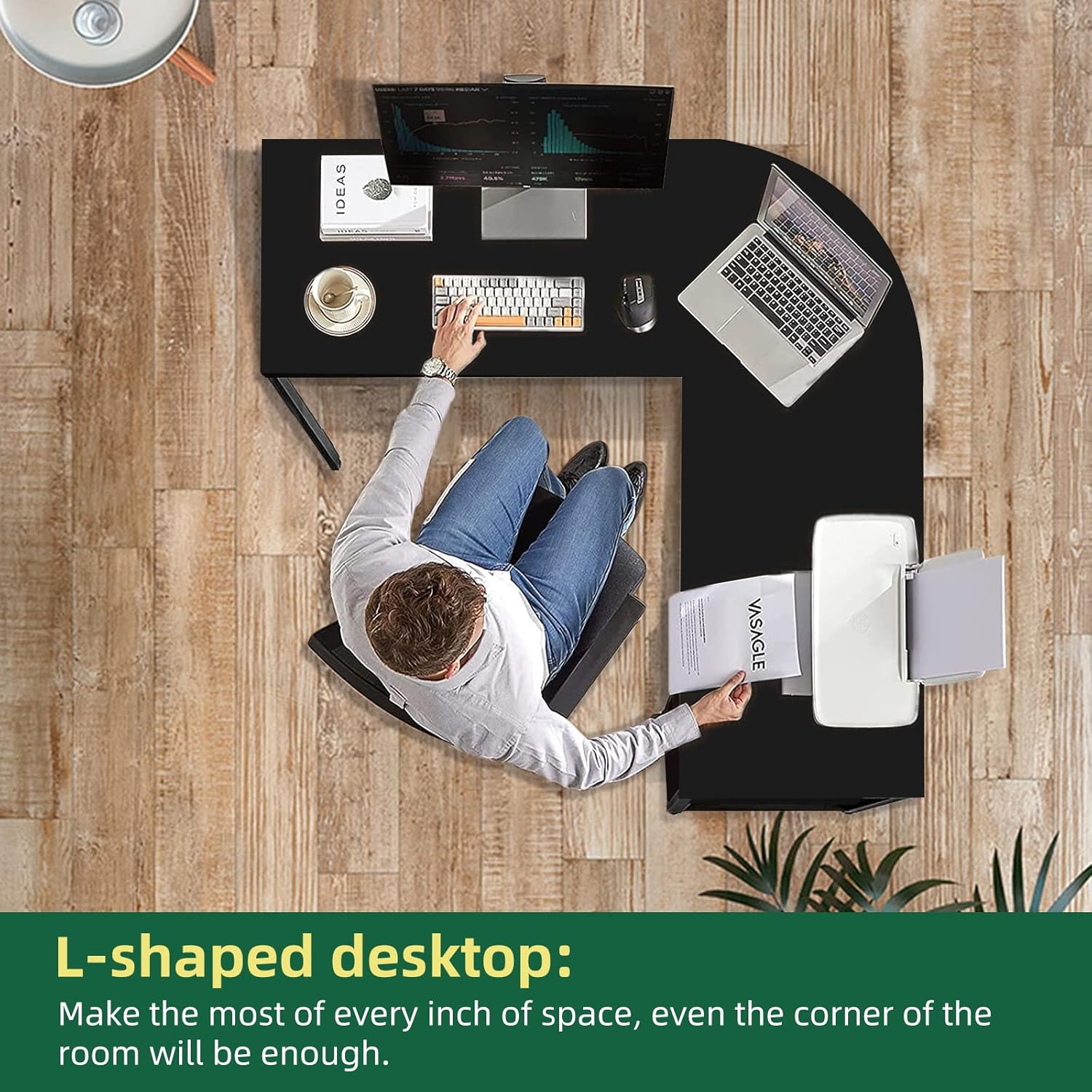 60" L Shaped Computer Desk with Tower Stand on 4 Wheels, Shelves, Rounded Corner, L Desk for Home Office, Black
