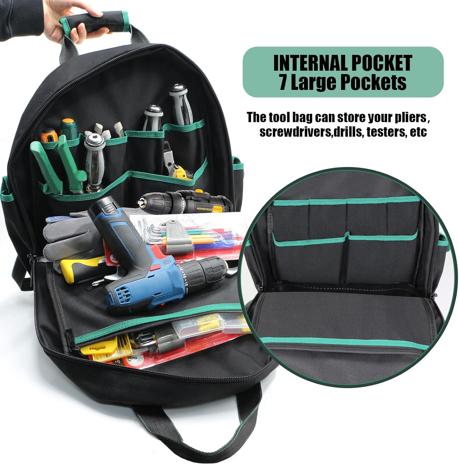 Electrician Tool Backpack, Tool backpack for Men, Construction Tool Bag Backpack Heavy Duty with Waterproof Molded Base, Work Backpack Multi-Use Pocket Black/Green