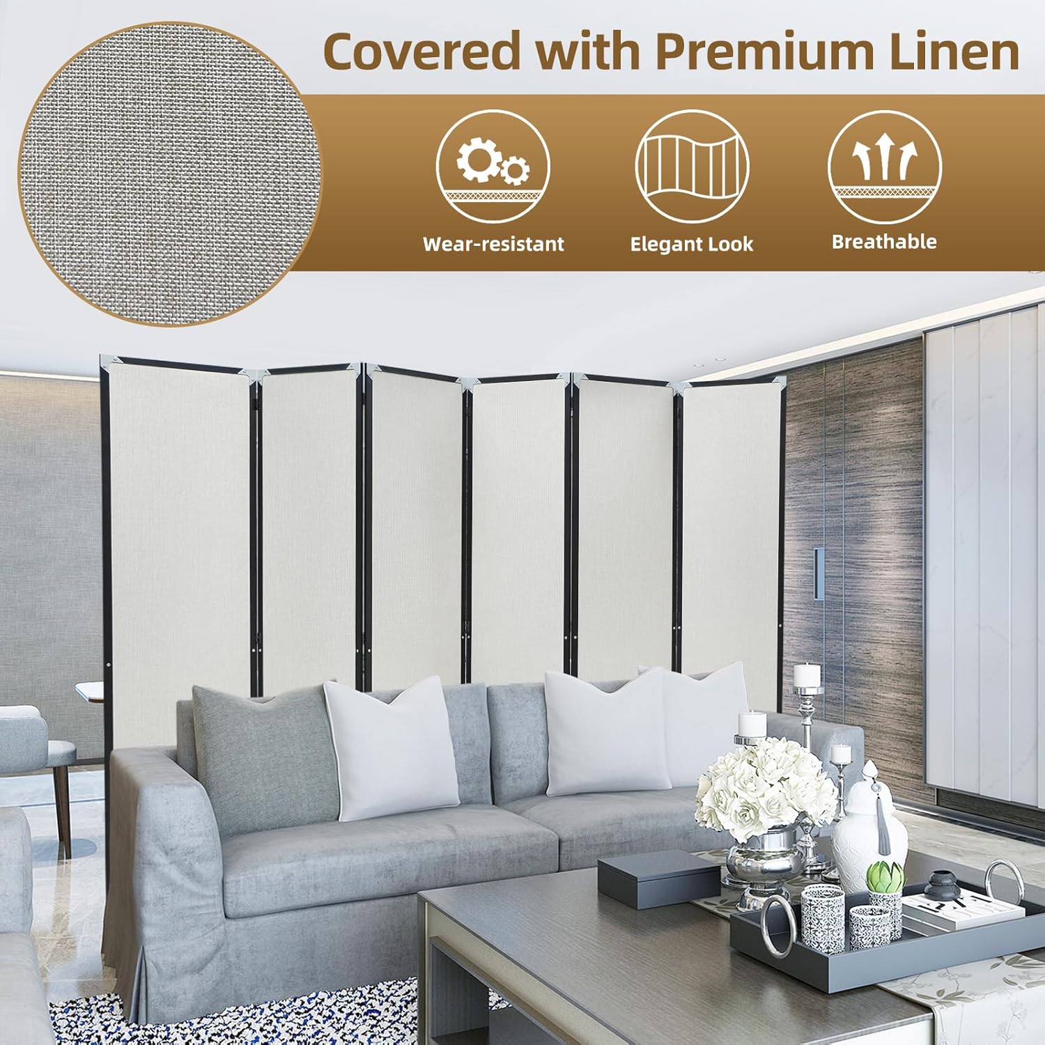 Room Divider with Wheels Solid Bamboo Panels 6 Feet Tall Extra Wide, Noise Reducing & Durable Office Partition, 6 Panel Large Room Screen Divider Freestanding for Home Office School, 96" W x 73" H