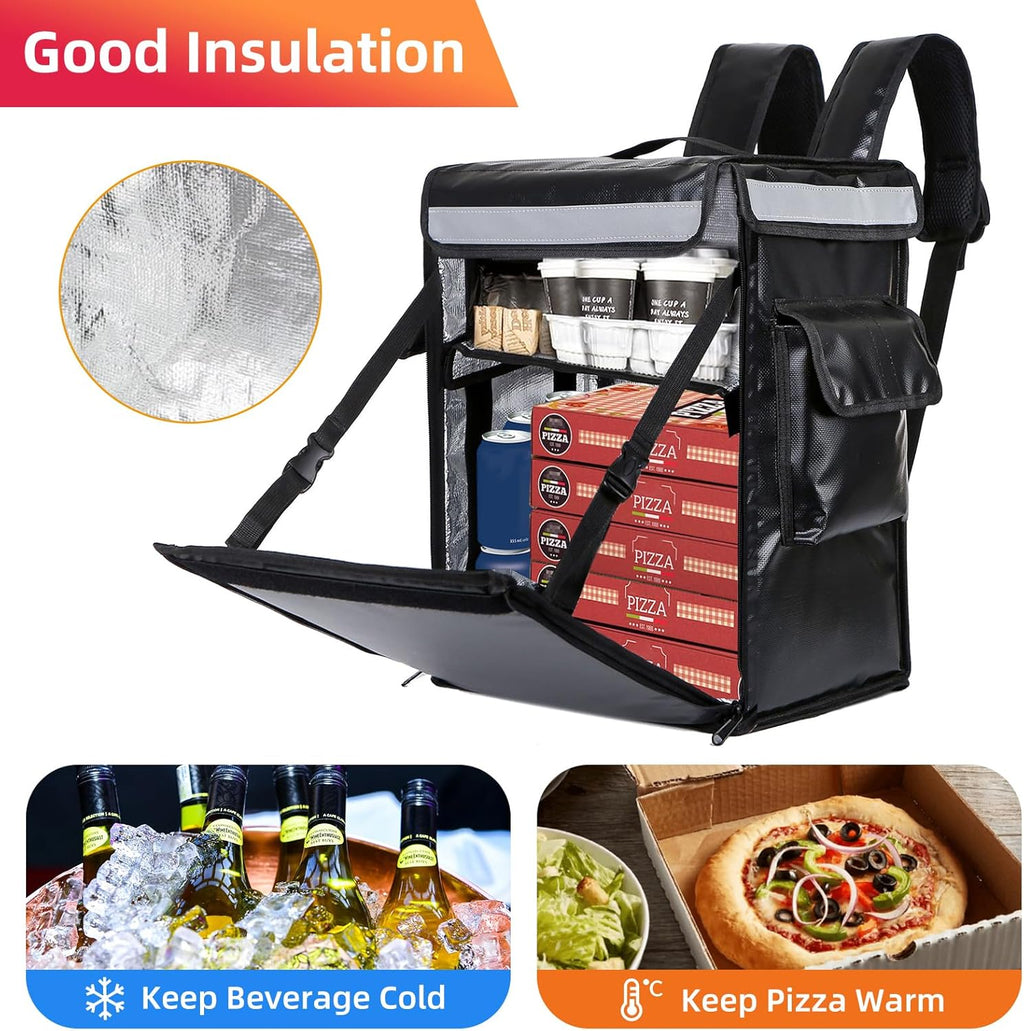 Insulated Food Delivery Backpack with Reinforced Frame and 2 Inner Spaces - 18.5" x 15" x 12.6", Open from Top and Side - Adjustable Divider, Waterproof Food Delivery Bags for Doordash, Restaurant