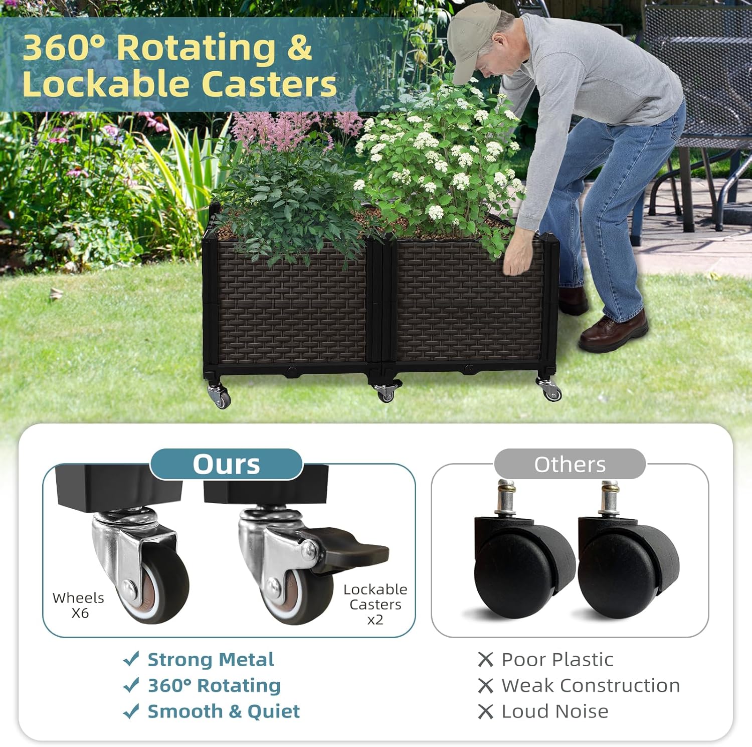 Raised Beds for Gardening with Wheels 31.5"x15.7"x16.1", Self Watering Outdoor Planters, Multiple Combinations & Lockable Casters, Rectangular Garden Planters For Outdoor Plants Flowers, Vegetables