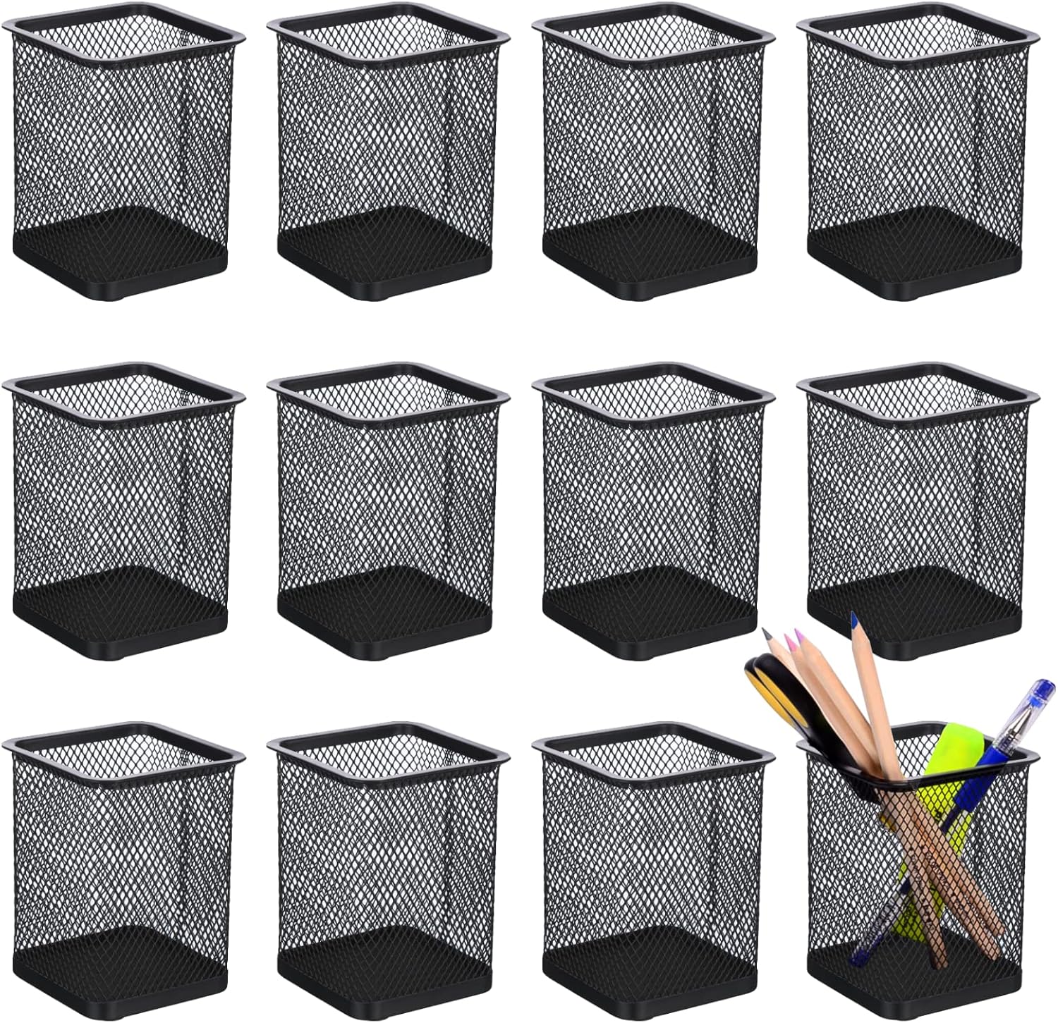 TooCust Black Mesh Pen Holder,12 Pack Square Pencil Cups,Classroom Organization,Pencil Holders,Wire Mesh Pen Holder Makeup Brush Holders Pencil Cup for Desk,Office Supplies, 3.8" H.