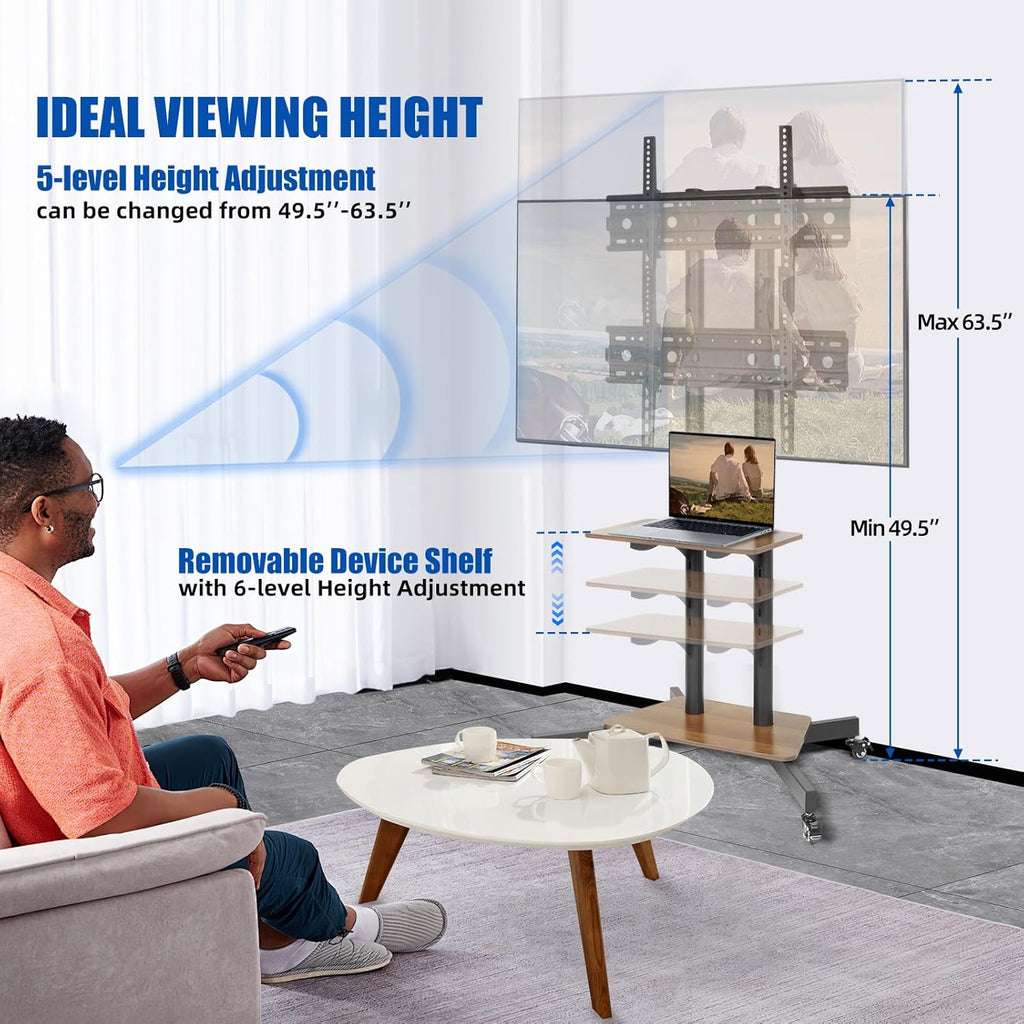 Dual-Pole Rolling Height Adjustable Floor TV Stand with Two Wooden Storage Shelves, Portable TV Cart with Max VESA 600x400mm