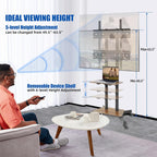 Dual-Pole Rolling Height Adjustable Floor TV Stand with Two Wooden Storage Shelves, Portable TV Cart with Max VESA 600x400mm