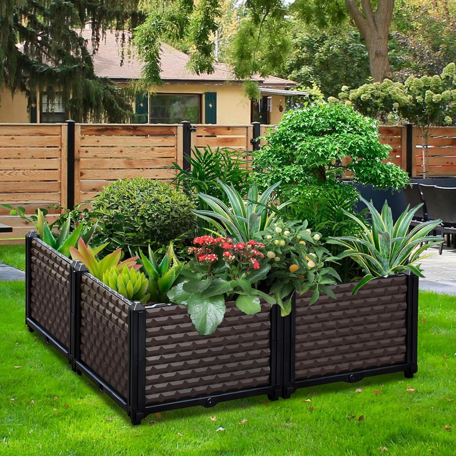 Square Raised Beds for Gardening 31.5" x 31.5" x 14.2", Self Watering Outdoor Planters, Large Raised Planter Boxes, Rectangular Garden Planters for Outdoor Plants Flowers, Vegetables, Patio Deck Porch