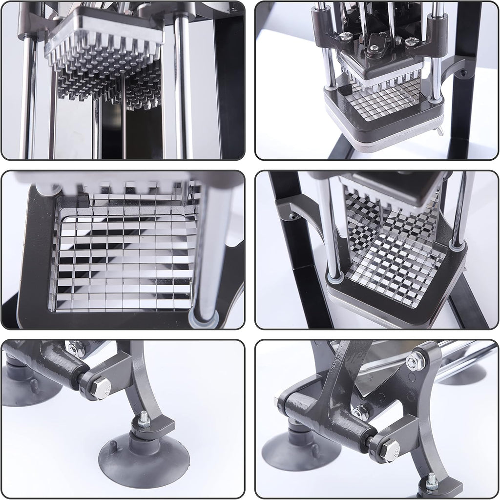 French Fry Cutter Commercial Grade Potato Slicer with Stand Suction Feet Complete Set, Includes 1/4", 3/8", 1/2", 2 Pieces L Stand