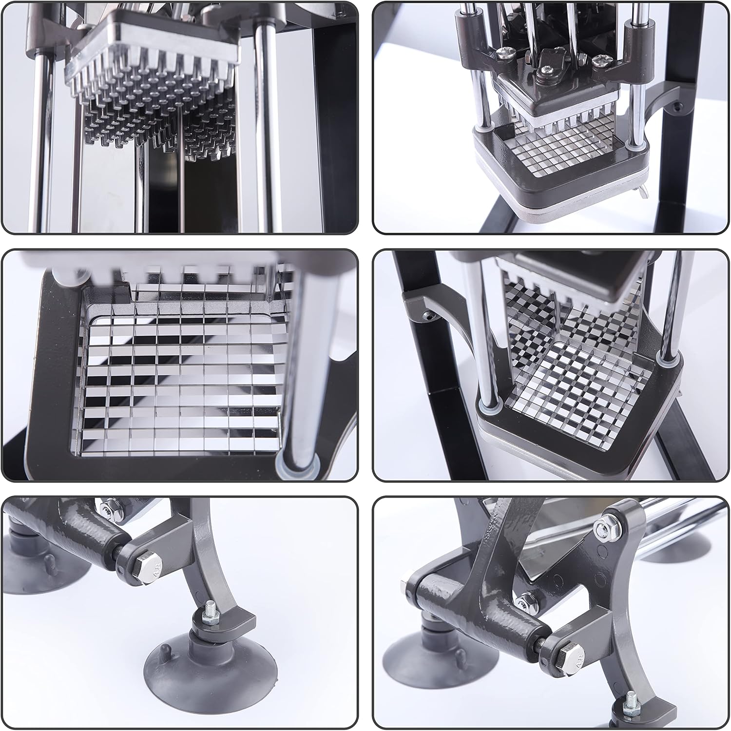 French Fry Cutter Commercial Grade Potato Slicer with Stand Suction Feet Complete Set, Includes 1/4", 3/8", 1/2", 2 Pieces L Stand