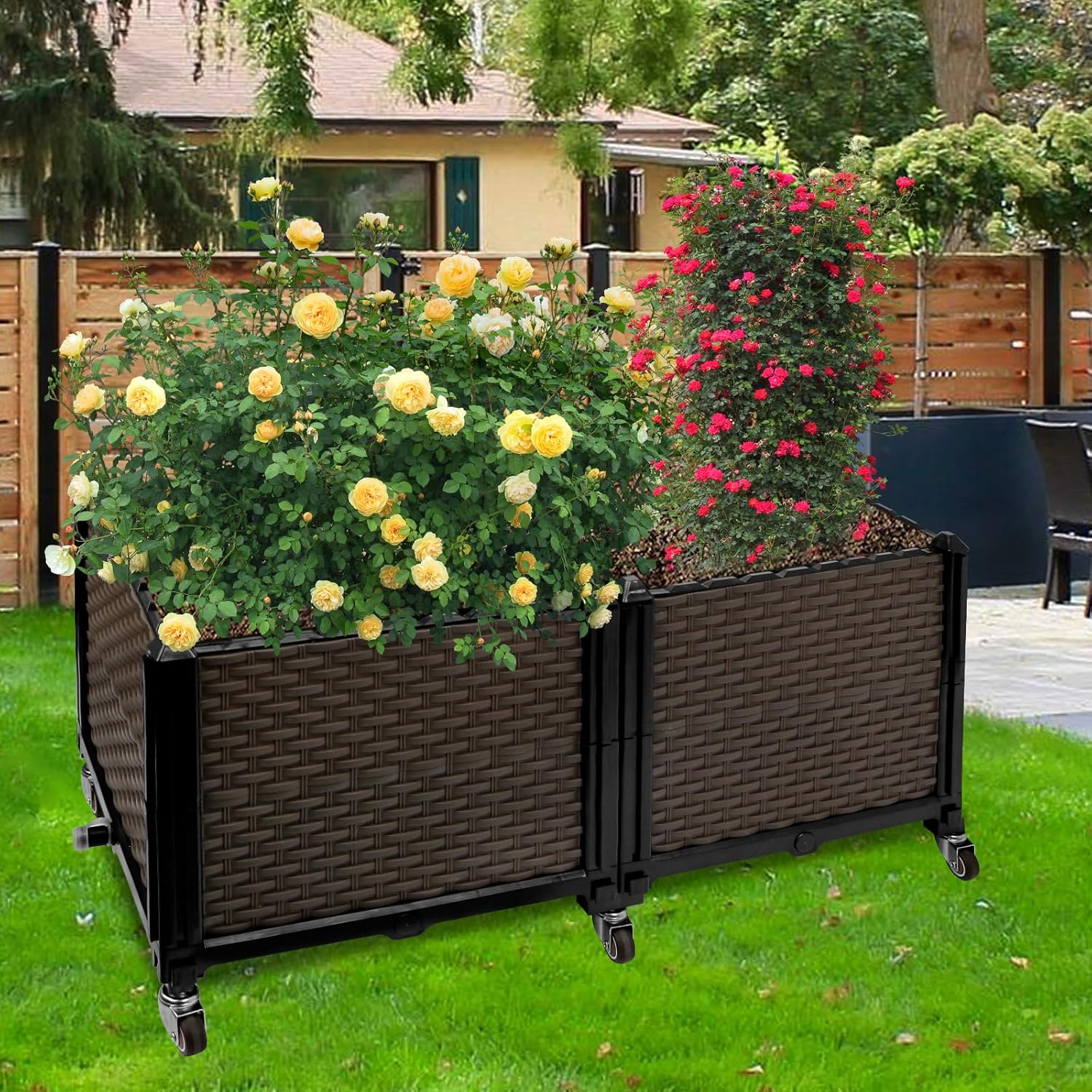 Raised Beds for Gardening with Wheels 31.5"x15.7"x16.1", Self Watering Outdoor Planters, Multiple Combinations & Lockable Casters, Rectangular Garden Planters For Outdoor Plants Flowers, Vegetables